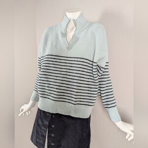 Joan Vass Striped Half-Zip Sweater M Boxy Fit Cropped Classic Knit